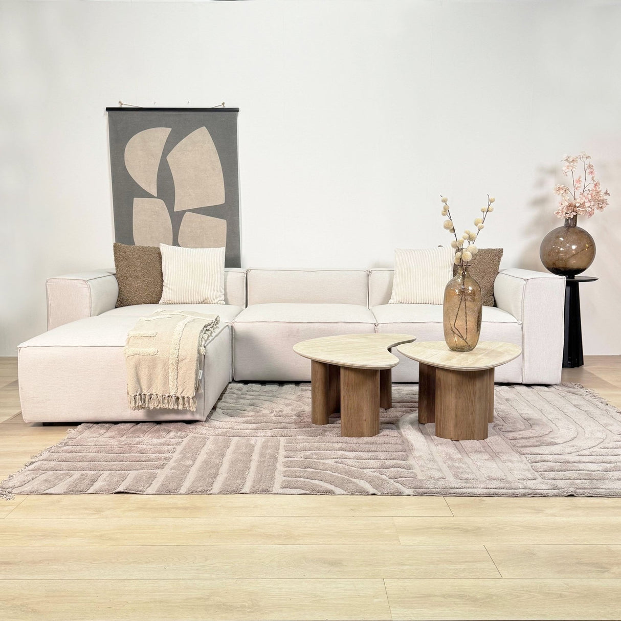 Modulares Ecksofa mit losen Hockern ecru-beige Leinenstoff Fora - links