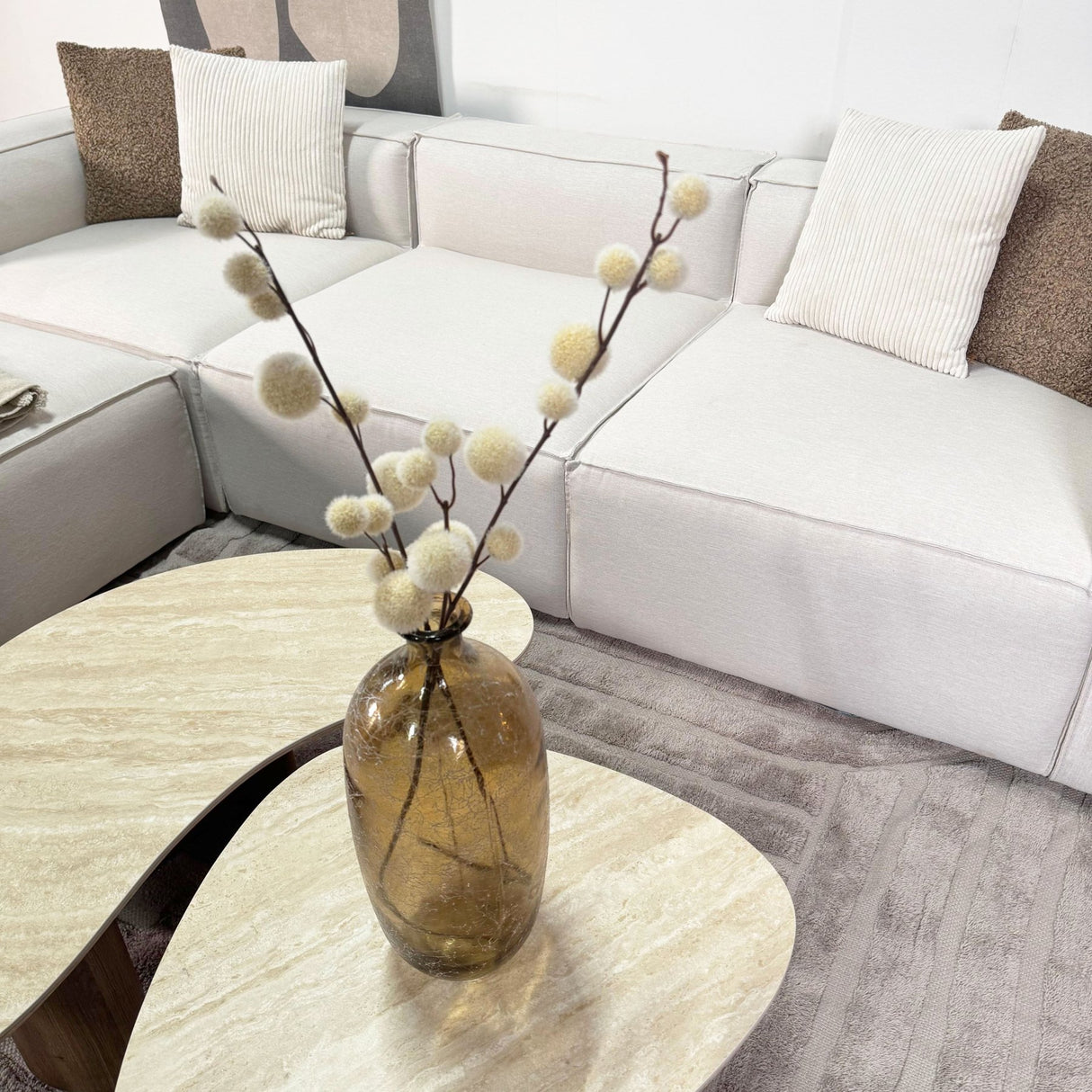 Modulares Ecksofa mit losen Hockern ecru-beige Leinenstoff Fora - links