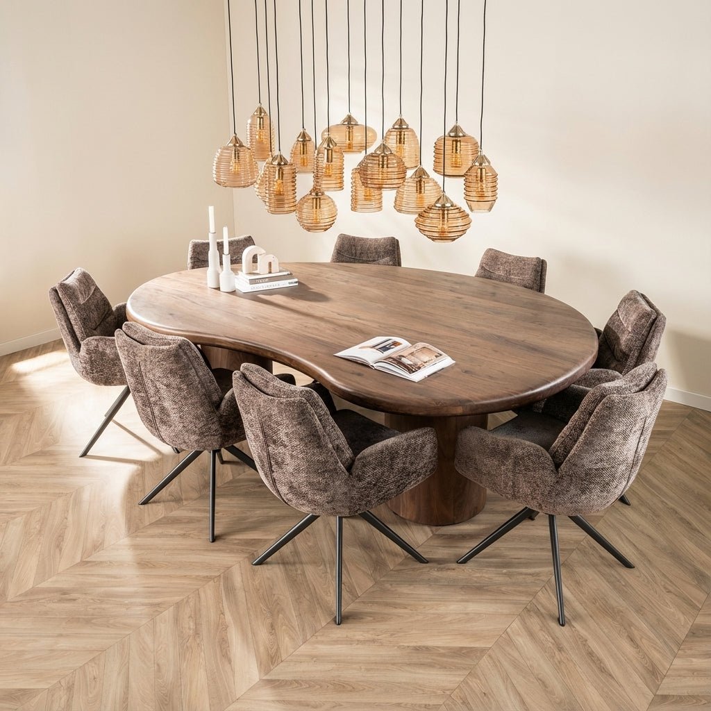 Organisch Vormige Eettafel Alo Acaciahout Bruin 240x160 cm sfeerfoto in modern interieur