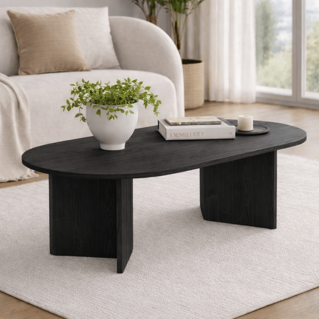 Ovaler Couchtisch aus schwarzem Melamin – Japandi – 119 x 60 cm – Sota
