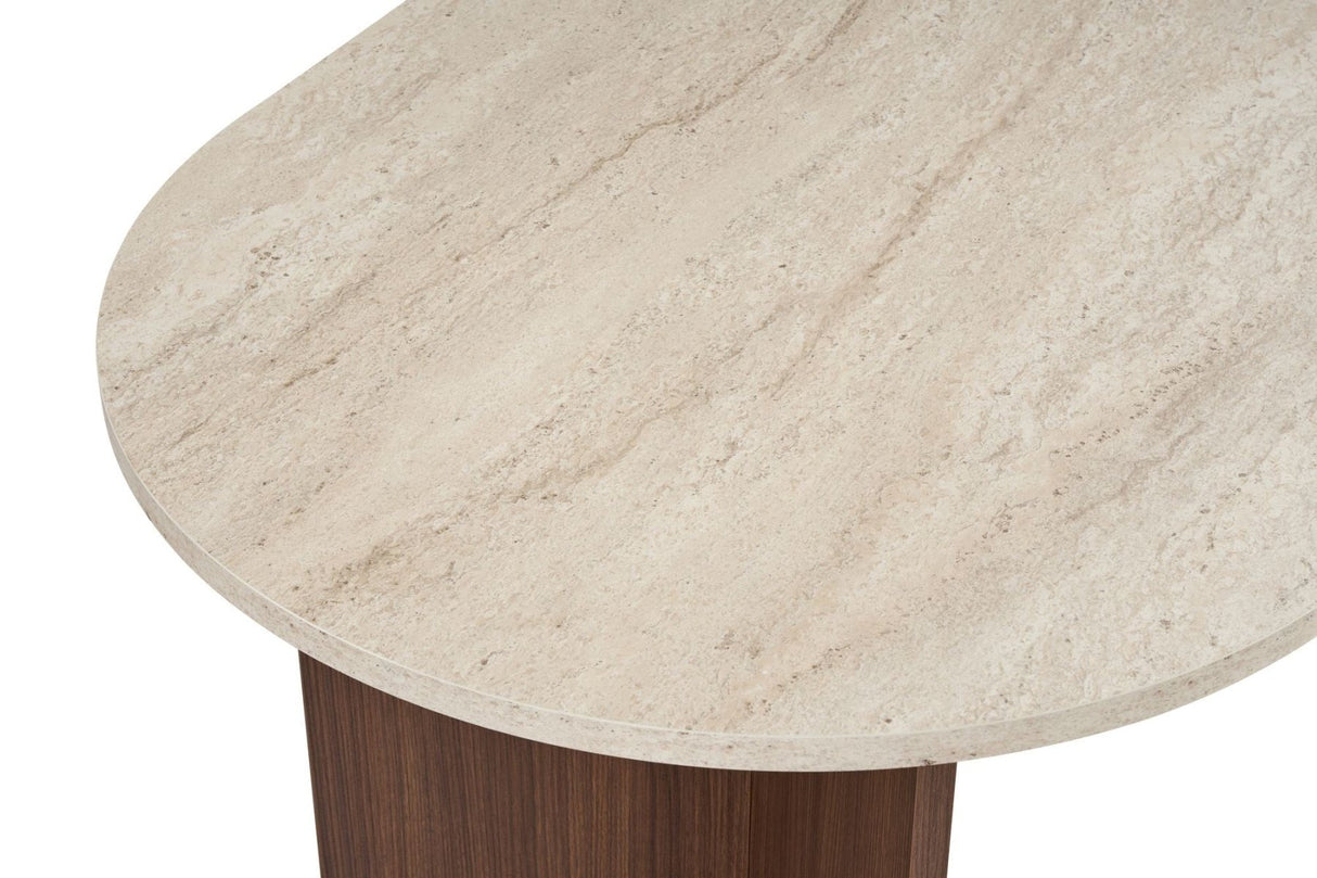 Ovaler Esstisch mit Travertinplatte – Walnuss-Melamin – 180 x 89,5 x 75 cm – Sota