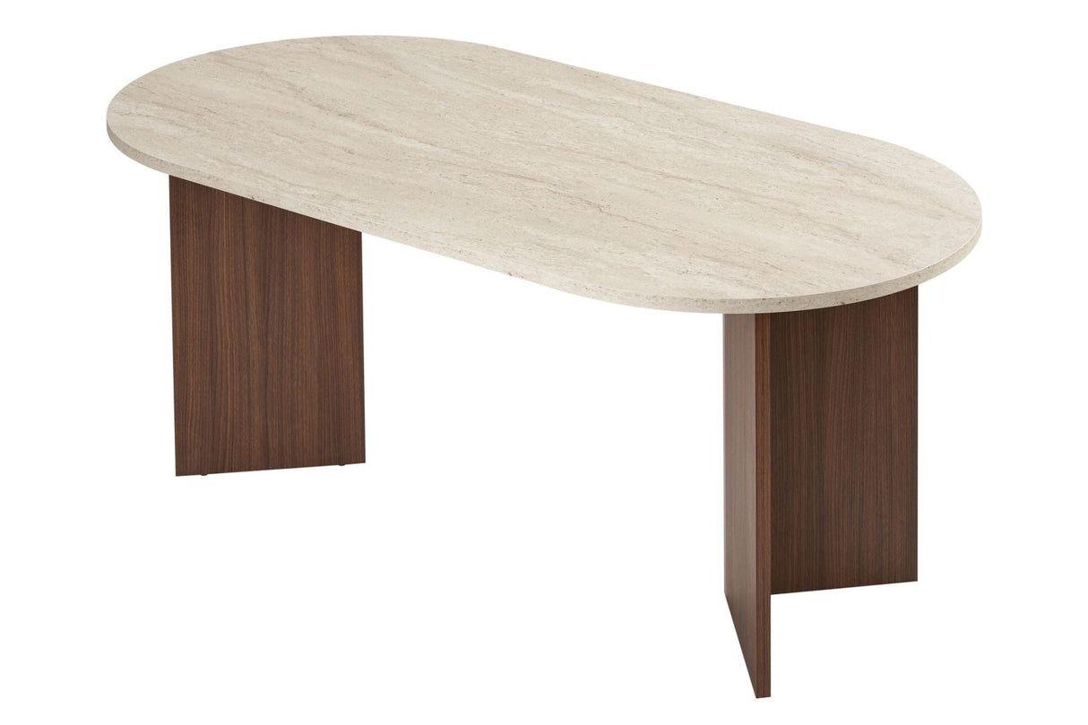 Ovaler Esstisch mit Travertinplatte – Walnuss-Melamin – 180 x 89,5 x 75 cm – Sota