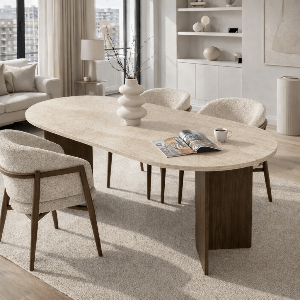 Ovaler Esstisch mit Travertinplatte – Walnuss-Melamin – 180 x 89,5 x 75 cm – Sota