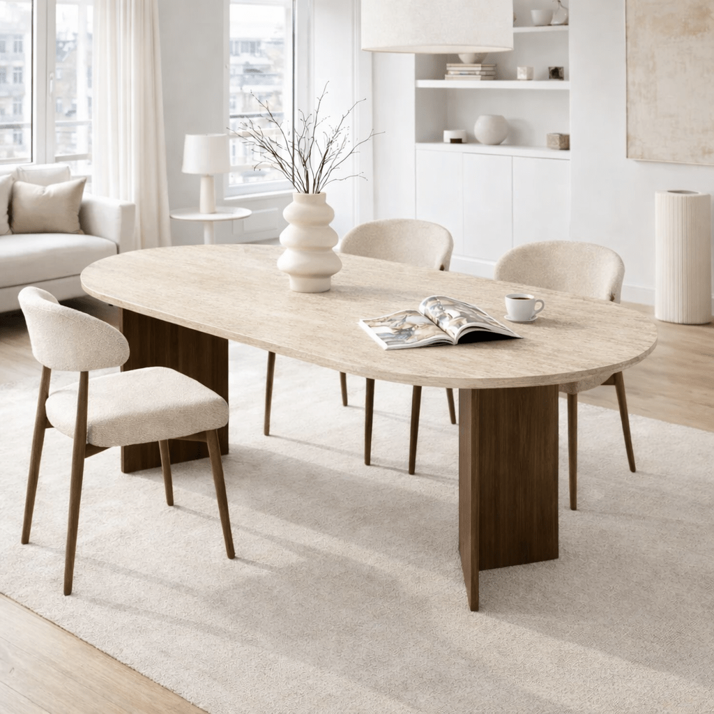 Ovaler Esstisch mit Travertinplatte – Walnuss-Melamin – 180 x 89,5 x 75 cm – Sota