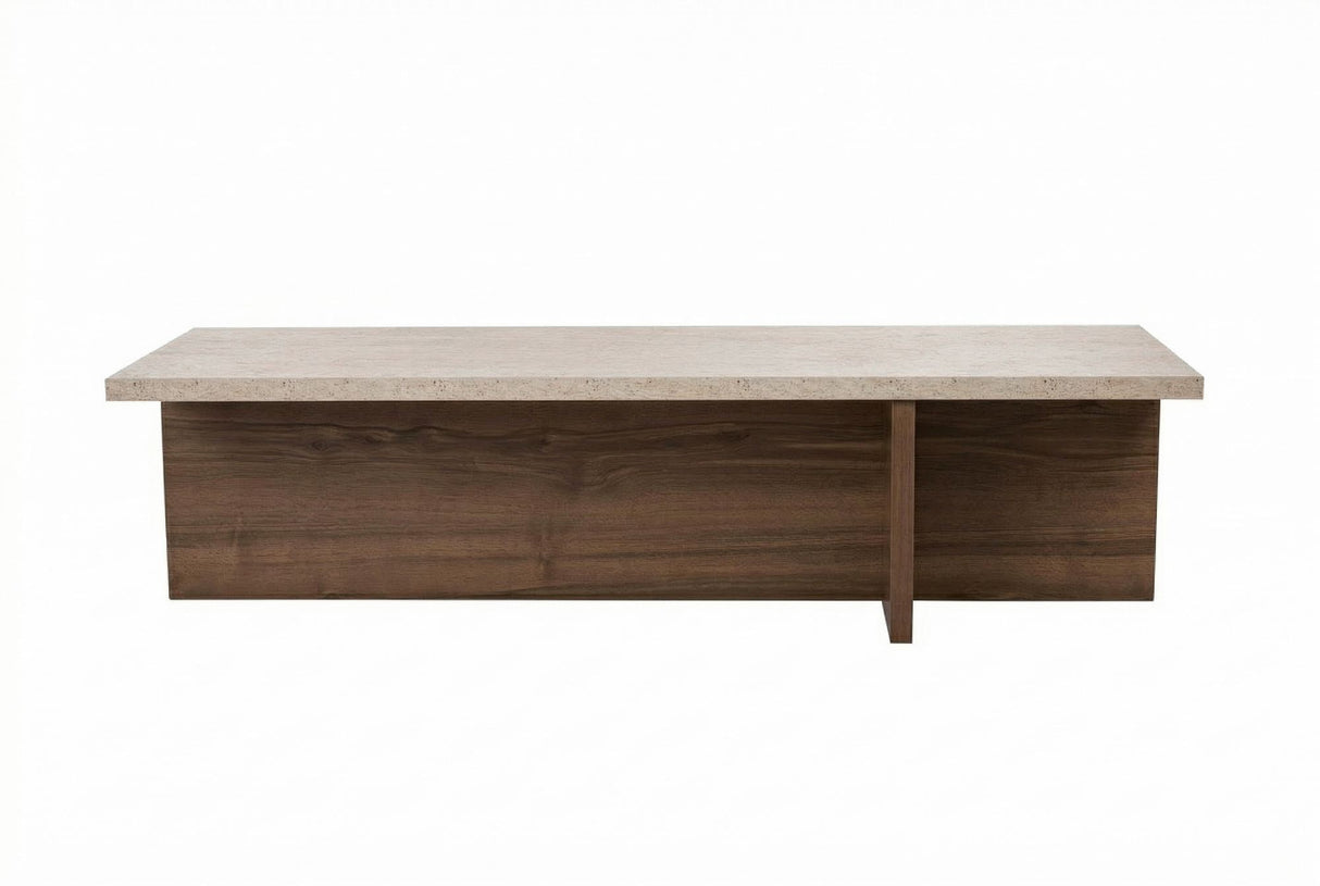 witfoto van rechthoekige salontafel travertinlook tafelblad met walnoot look frame