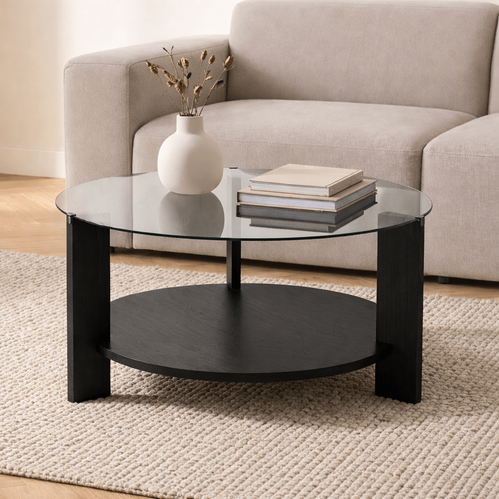 Runder Couchtisch aus schwarzem Melamin und transparentem Glas Ø75 cm - Kairo