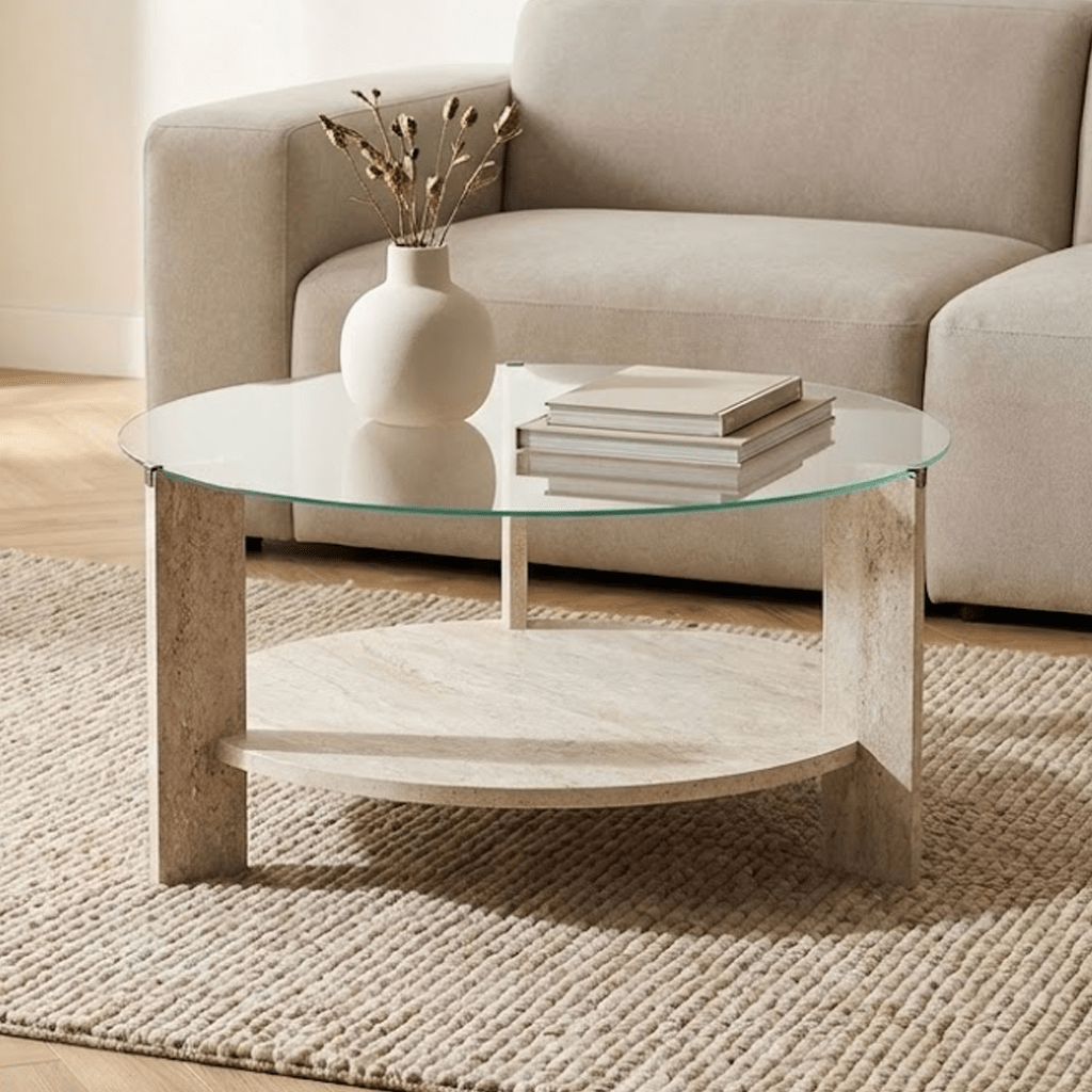 Salontafels - Ronde salontafel travertin melamine transparant glas Ø75 cm - Cairo - Dimehouse