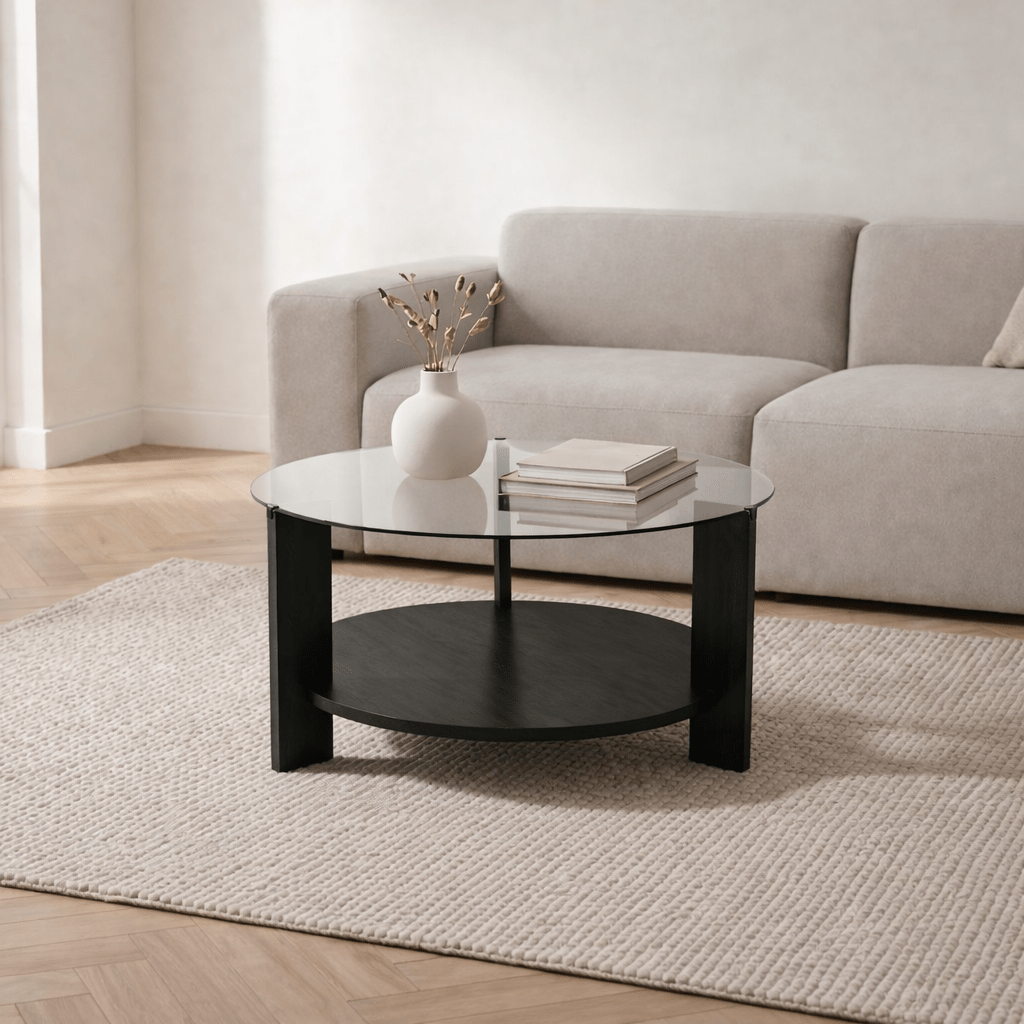 Runder Couchtisch aus schwarzem Melamin und transparentem Glas Ø75 cm - Kairo