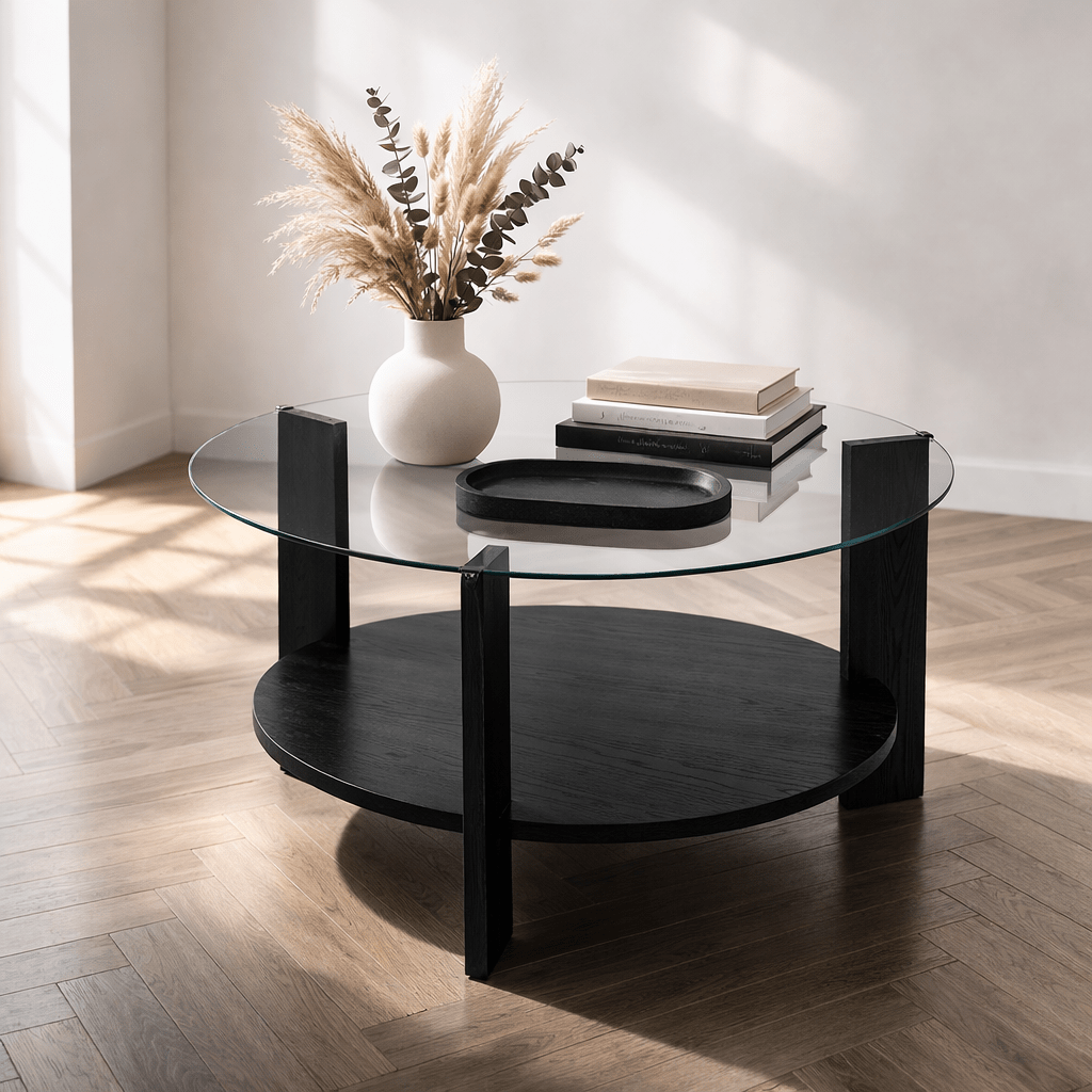 Runder Couchtisch aus schwarzem Melamin und transparentem Glas Ø75 cm - Kairo