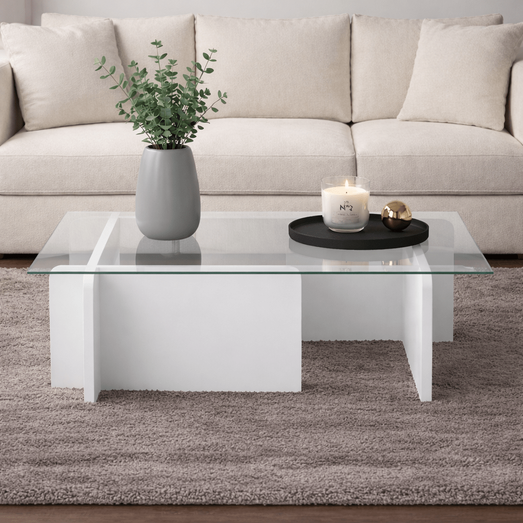 Couchtisch Weiß Melamin Glas Opal 105x65x30 cm