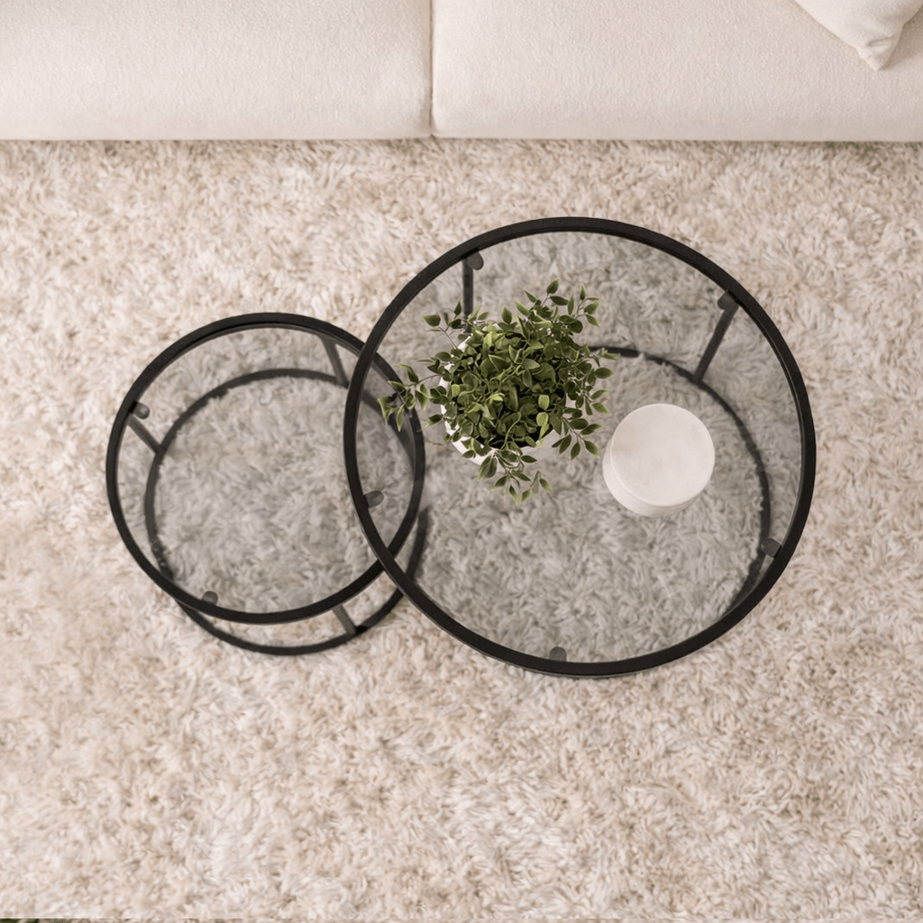 Salontafels - Salontafelset van 2 Rond Glas - Zwart Frame - 42 en 60 cm - Barlin - Dimehouse