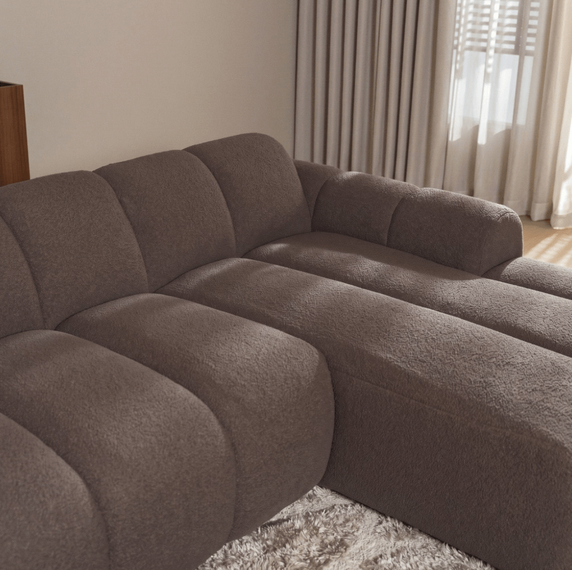 Banken-Ecksofa mit Lounge-Softbraun Bouclé Stoff - Streifen - rechts - Brix -Dimehouse