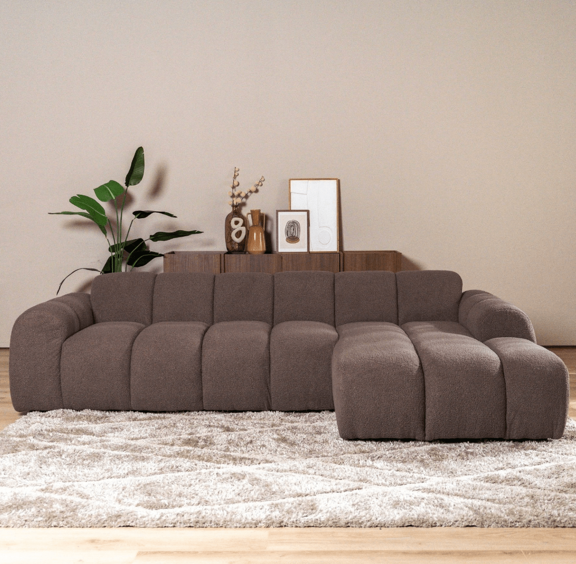 Banken-Ecksofa mit Lounge-Softbraun Bouclé Stoff - Streifen - rechts - Brix -Dimehouse