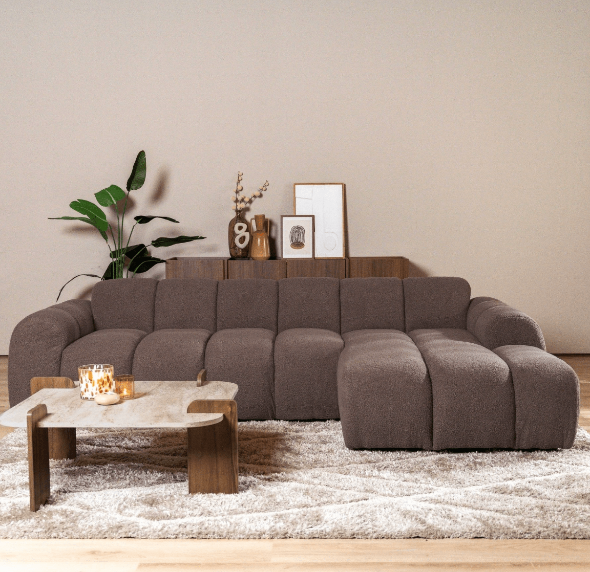 Banken-Ecksofa mit Lounge-Softbraun Bouclé Stoff - Streifen - rechts - Brix -Dimehouse