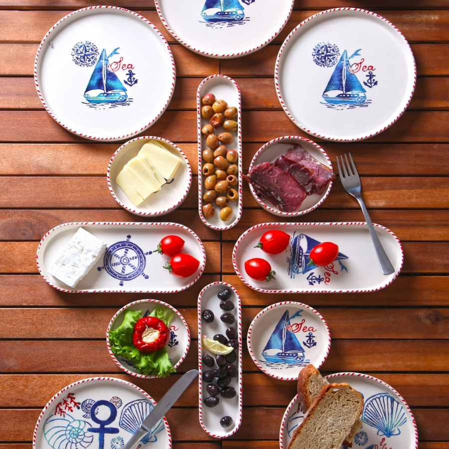 Breakfast Set (14 Pieces) - Servies set keramiek - 14 delig - Wit met blauw - Sailing - Dimehouse
