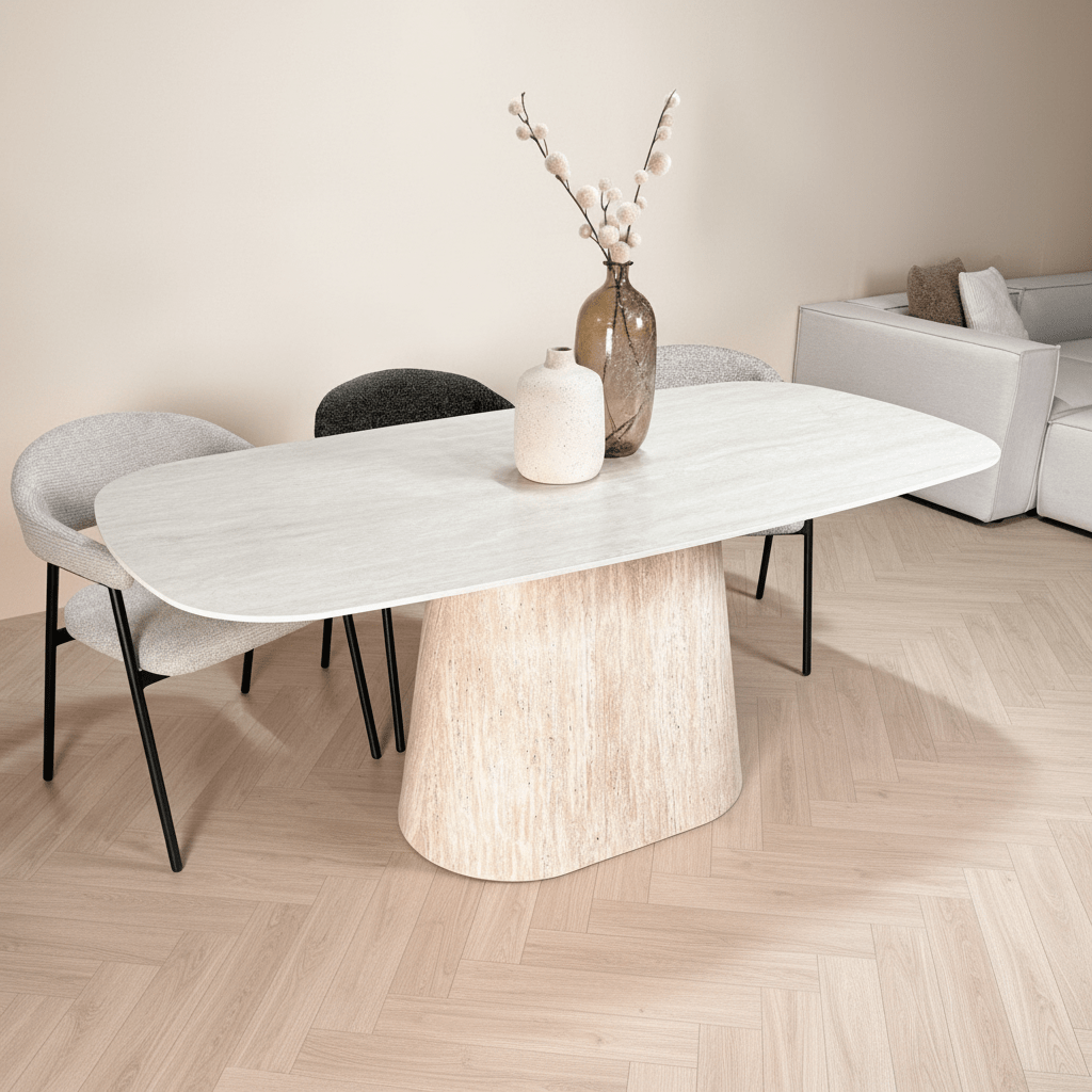 Travertin aus gesintertem Stein in Marmoroptik Esstisch Lea 180x90 cm - Dänisches Oval