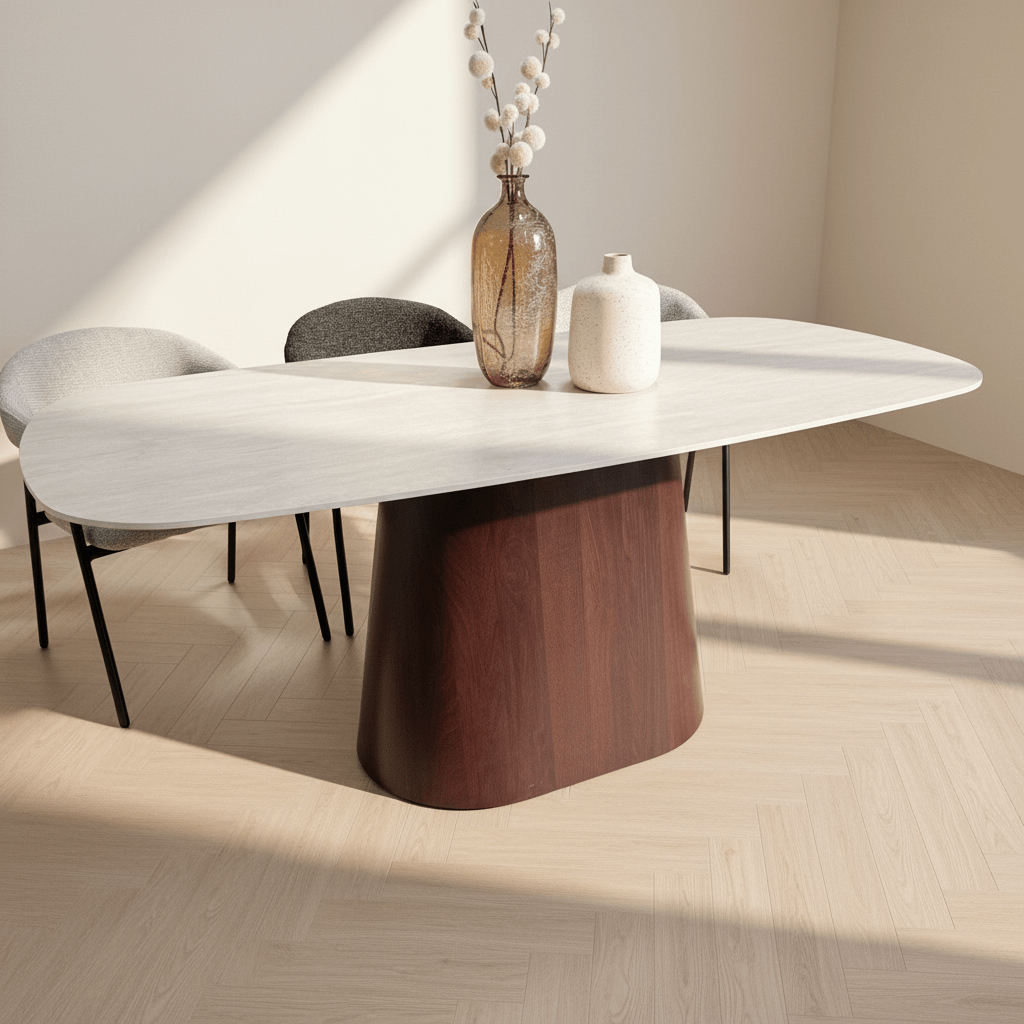 Travertin aus gesintertem Stein in Marmoroptik Esstisch Lea 180x90 cm - Walnussrahmen - Dänisches Oval