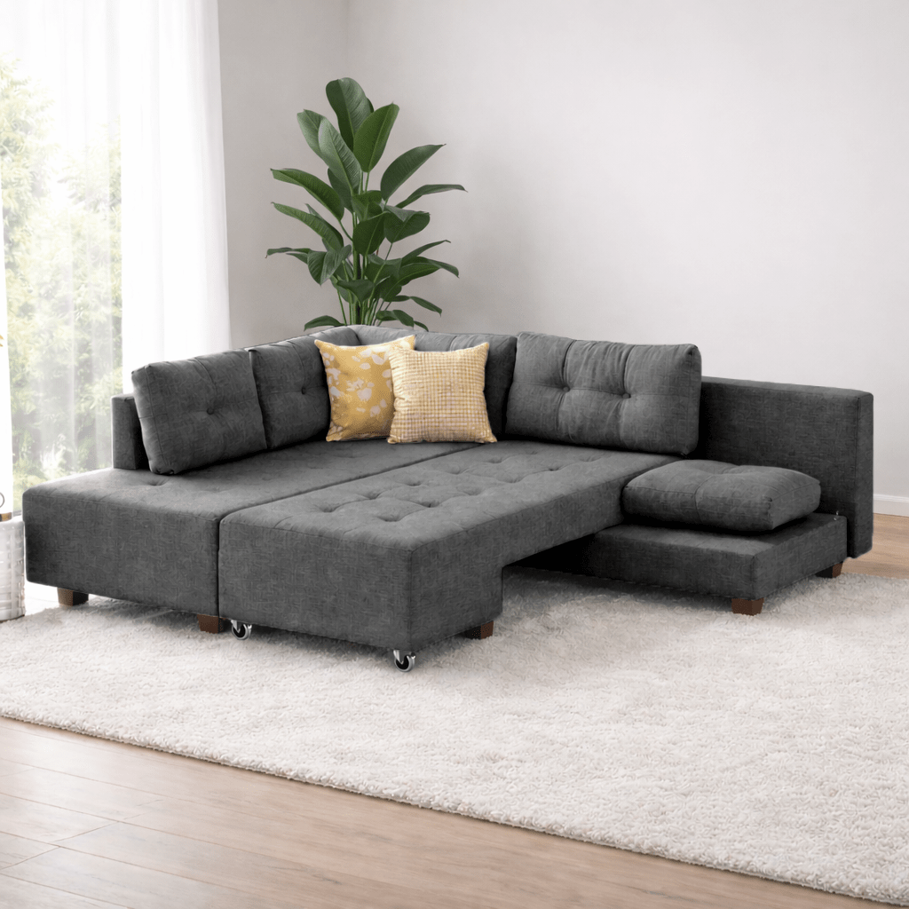 Schlafsofa anthrazitfarbener Stoff – XL 280 × 206 cm – mit Rollen – Links – Manama