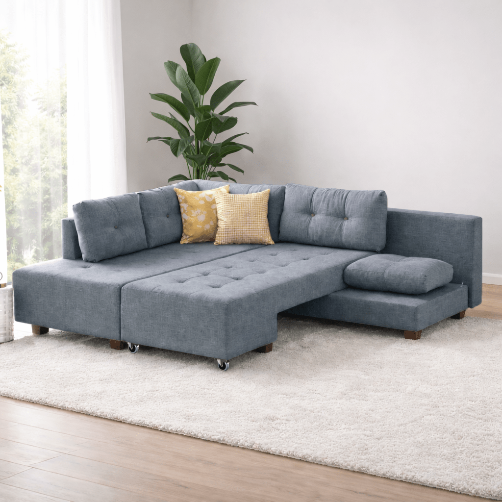 Schlafsofa hellblauer Stoff – XL 280 × 206 cm – mit Rollen – Links – Manama