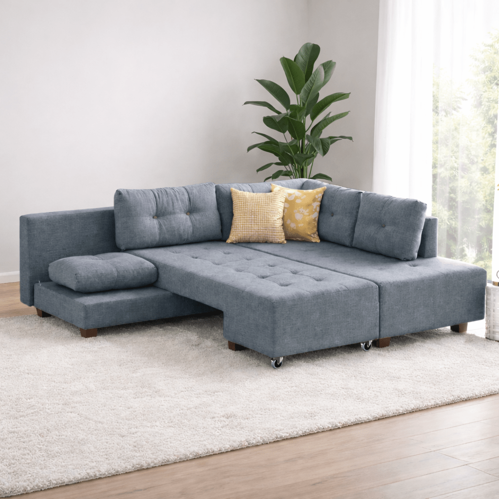 Schlafsofa hellblauer Stoff – XL 280 × 206 cm – mit Rollen – Rechts – Manama