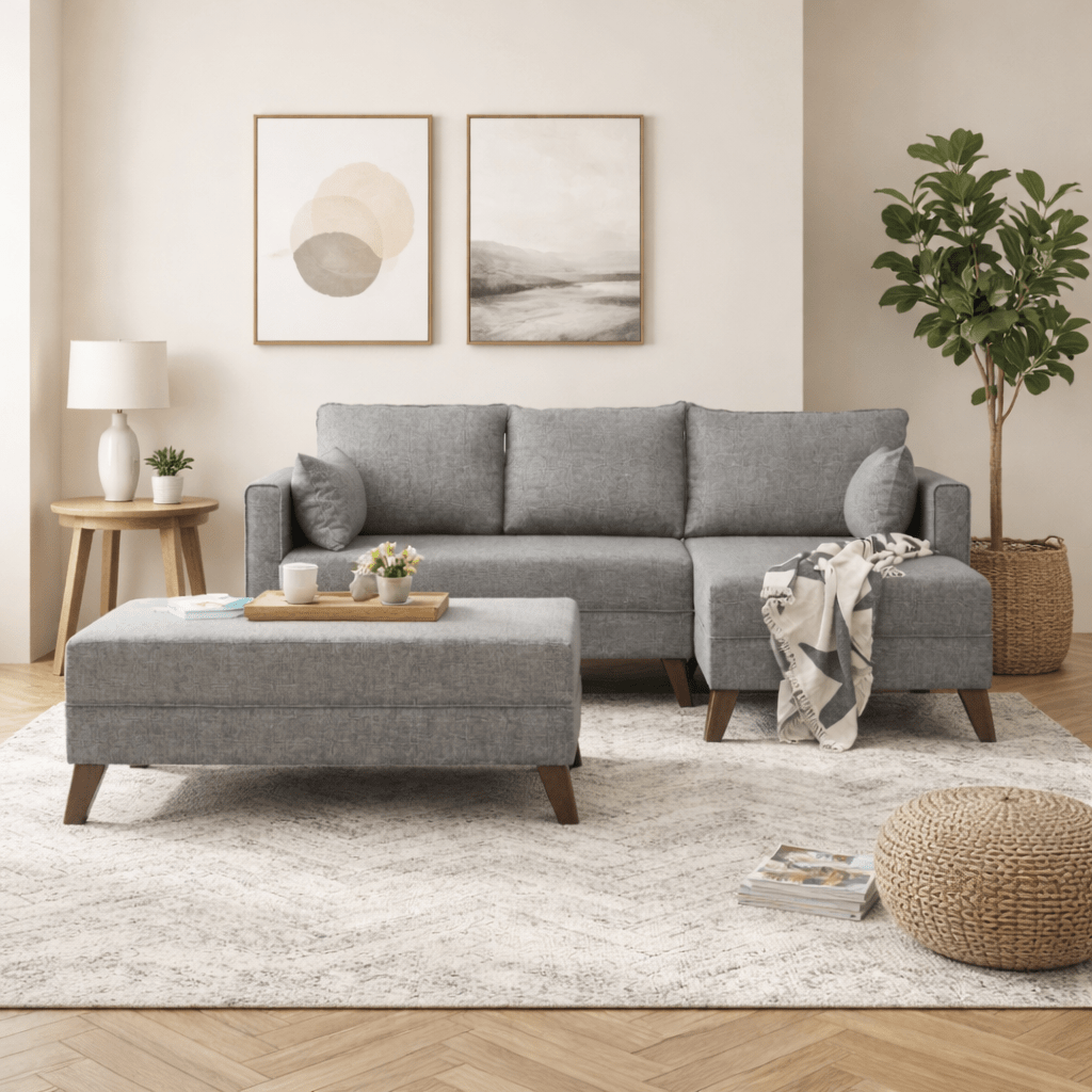 Schlafsofa aus grauem Stoff - 2-Sitzer - inklusive Hocker - rechtsseitig - Bella