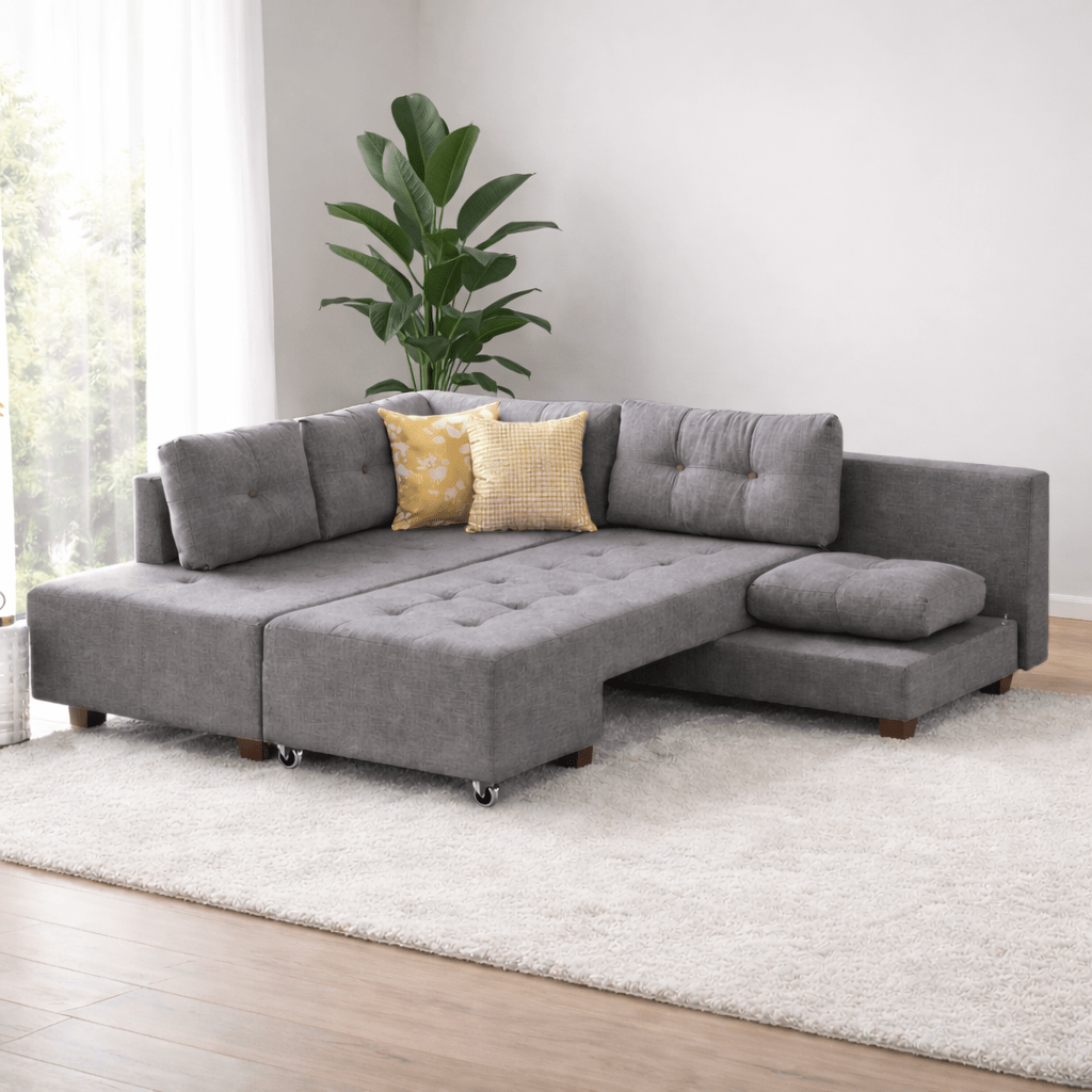 Schlafsofa grauer Stoff – XL 280 × 206 cm – mit Rollen – Links – Manama