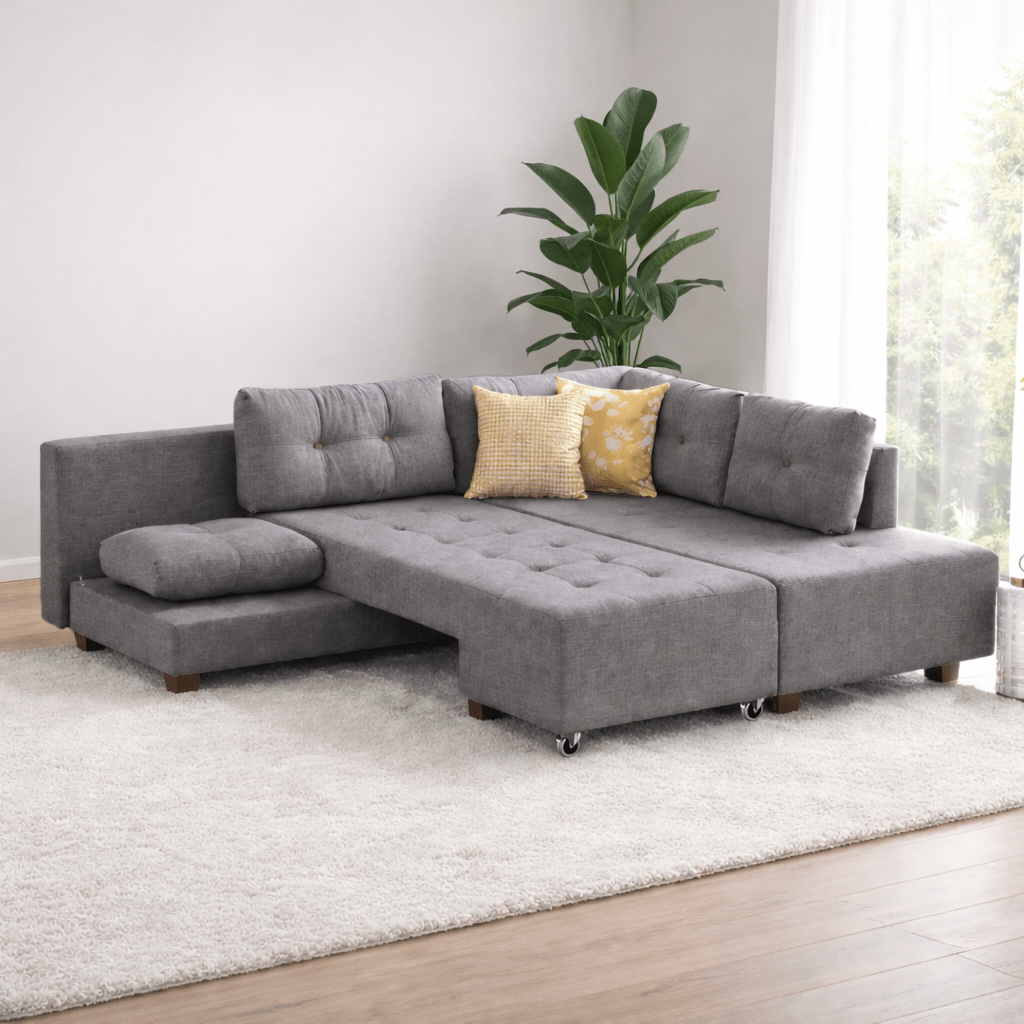 Schlafsofa grauer Stoff – XL 280 × 206 cm – mit Rollen – Rechts – Manama