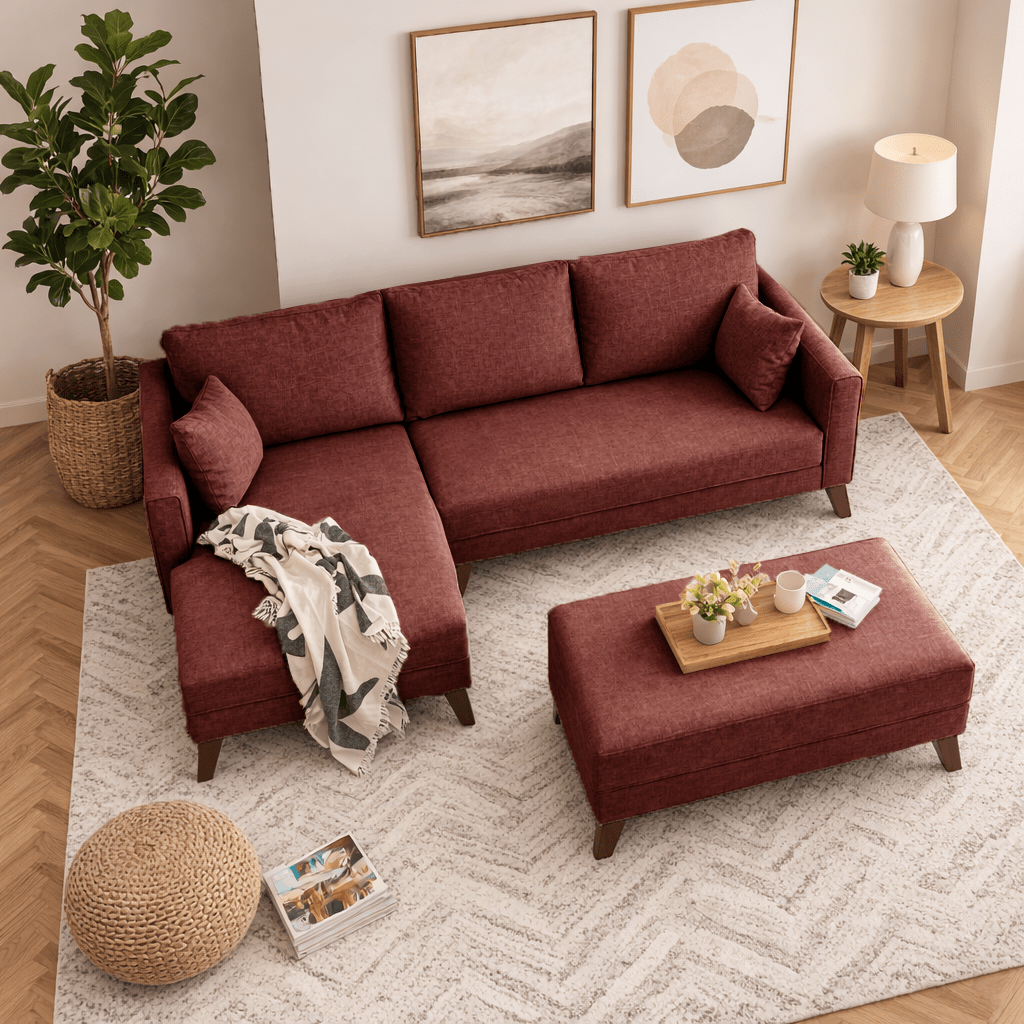 Schlafsofa aus rotem Stoff - 2-Sitzer - inklusive Hocker - linksseitig - Bella