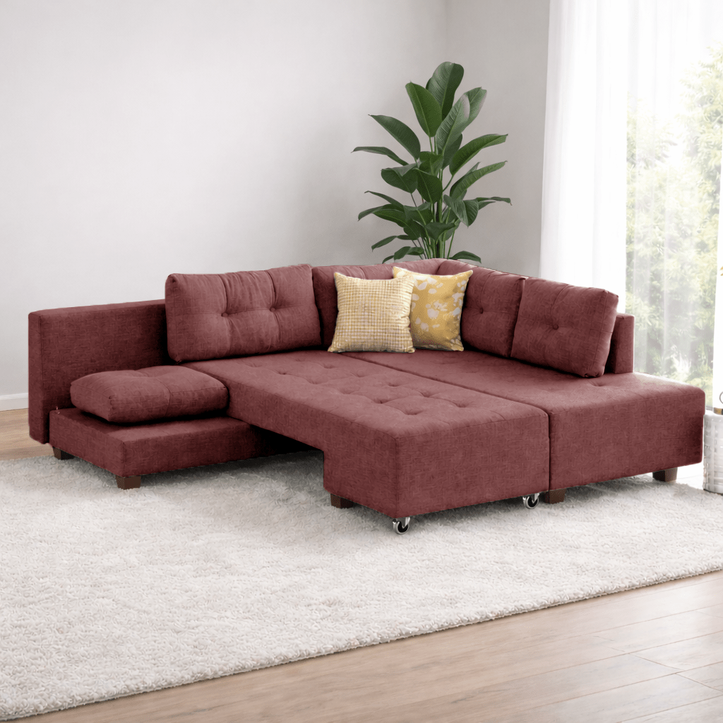 Schlafsofa roter Stoff – XL 280 × 206 cm – mit Rollen – Rechts – Manama