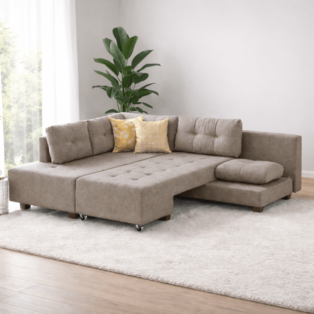 Schlafsofa taupefarbener Stoff – XL 280 × 206 cm – mit Rollen – Links – Manama