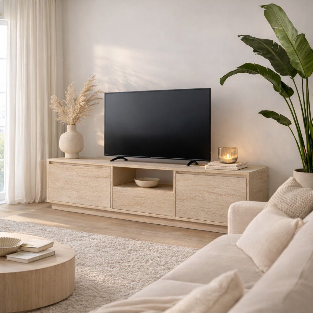 TV-Möbel Japandi Travertin Melamin – drei Schränke – 160 x 42 x 29,5 cm – Flare