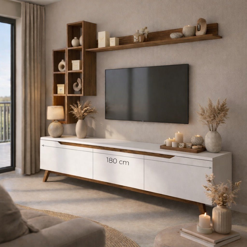 TV Meubels - TV Meubel Set Iona Wit Donker Walnoot Melamine 180x48,6x35 cm - Dimehouse