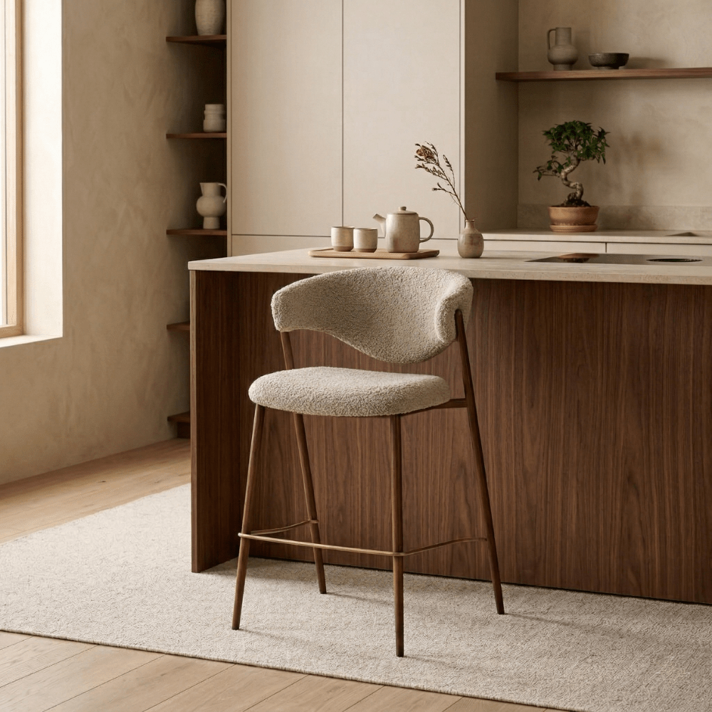 Barstuhl in Bouclé-Sandfarbe Kaito – Gestell in Walnussoptik – Japandi