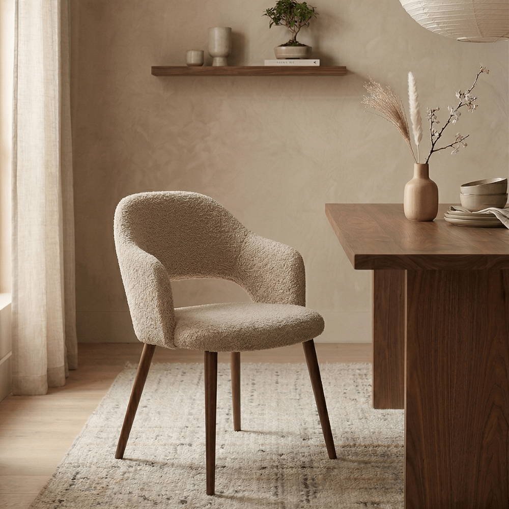 Japandi Esszimmerstuhl Sandfarben Bouclé Aki - Walnussrahmen - mit Armlehne