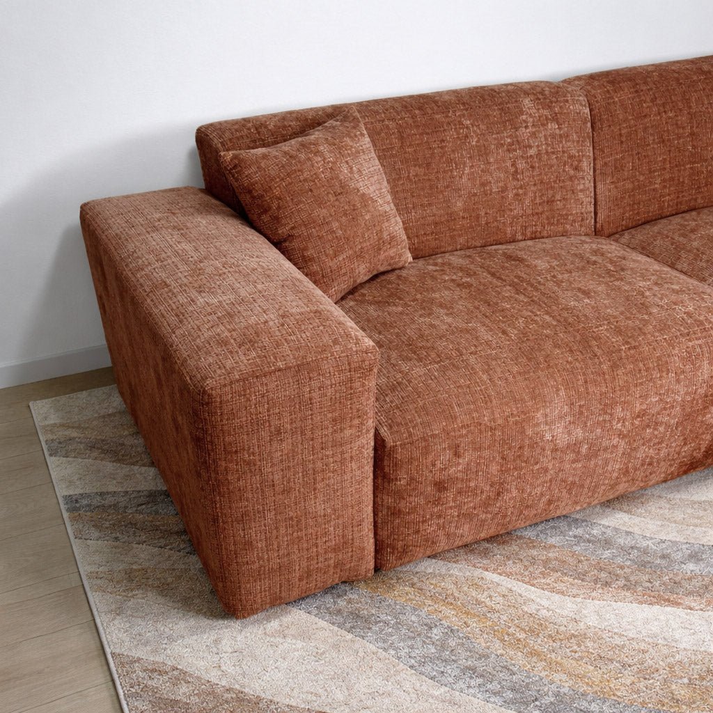 Ecksofa Wayne aus Chenille in Kupfer, 264 cm – Ecke links und rechts montierbar