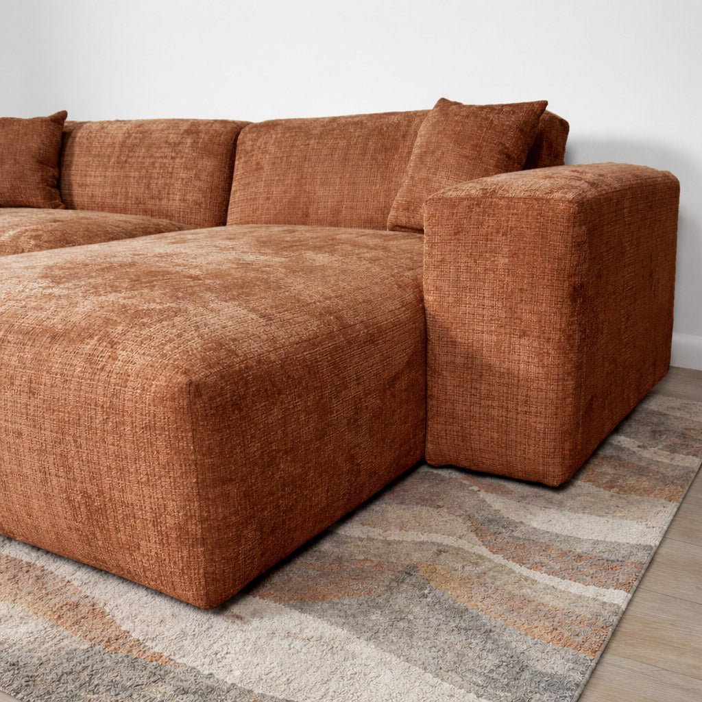 Ecksofa Wayne aus Chenille in Kupfer, 264 cm – Ecke links und rechts montierbar