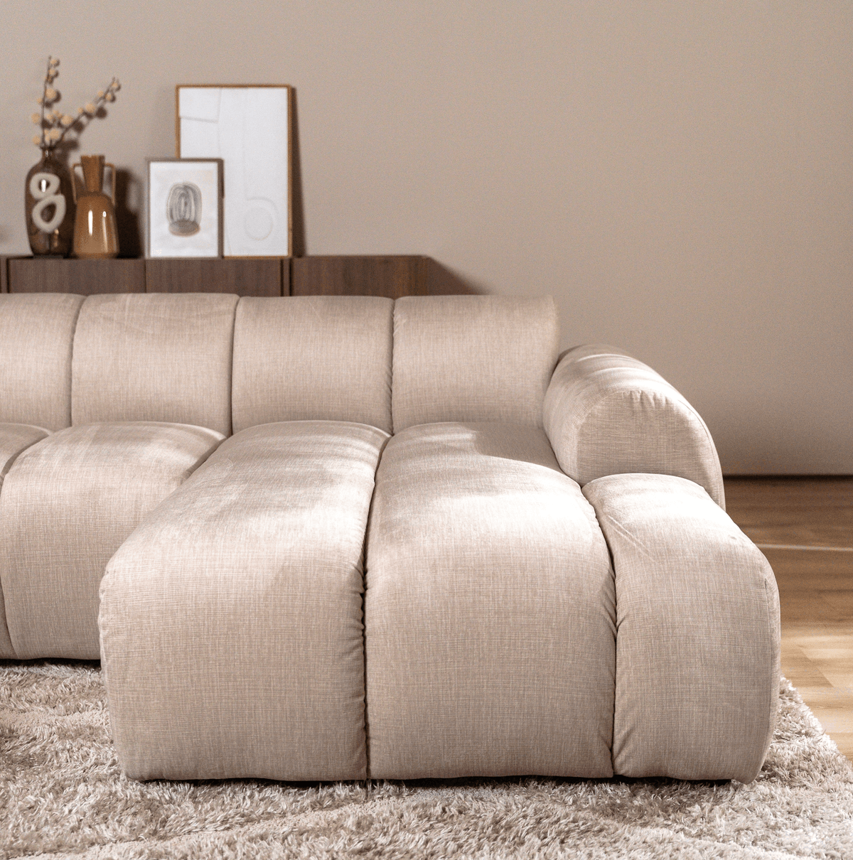 Banken-Ecksofa mit Loungebeige Samt Strukturstoff - Streifen - rechts - Brix-Dimehouse