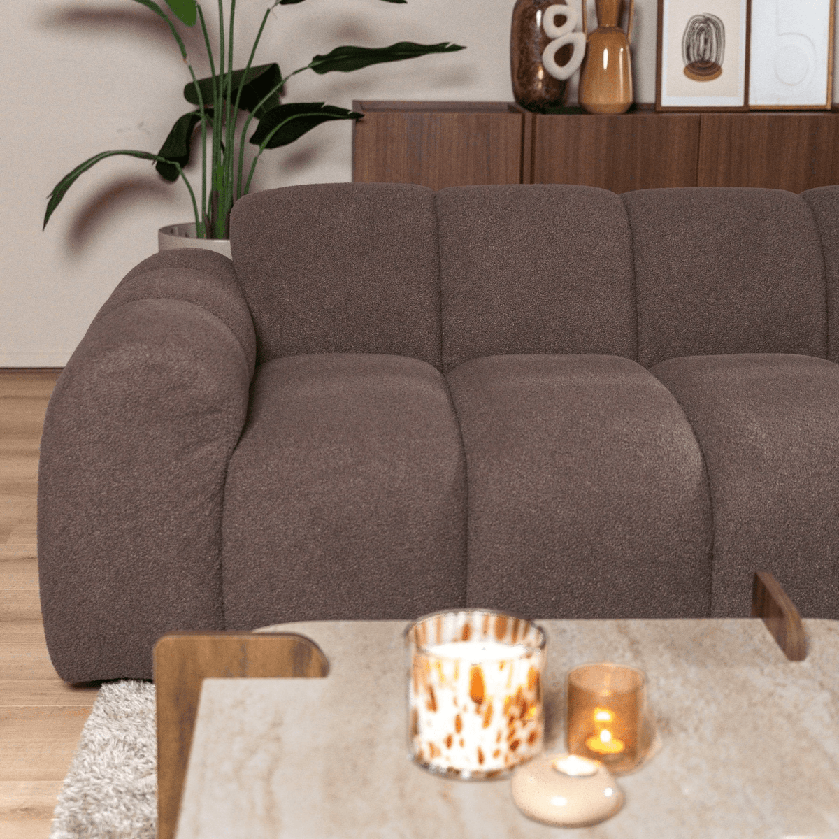 Banken-Ecksofa mit Lounge-Softbraun Bouclé Stoff - Streifen - rechts - Brix -Dimehouse