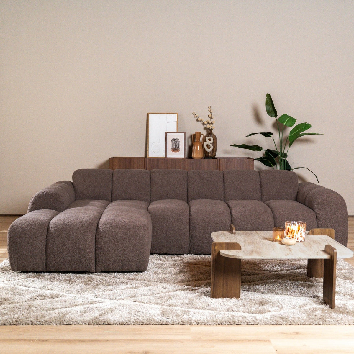 Banken-Ecksofa mit Lounge-Softbraun Bouclé Stoff - Streifen - links - Brix -Dimehouse