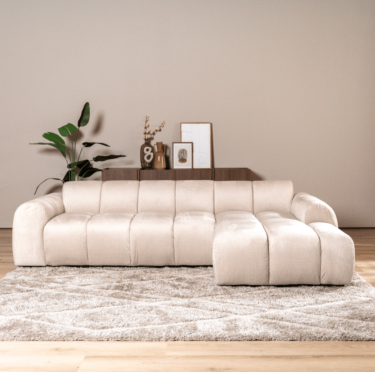 Banken-Ecksofa mit Loungebeige Samt Strukturstoff - Streifen - rechts - Brix-Dimehouse