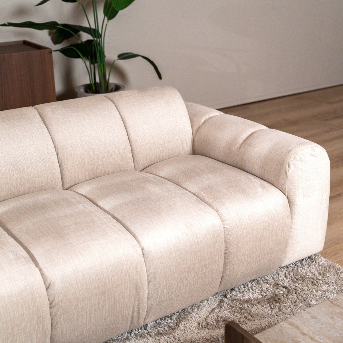 Banken-Ecksofa mit Loungebeige Samt Strukturstoff - Streifen - links - Brix-Dimehouse