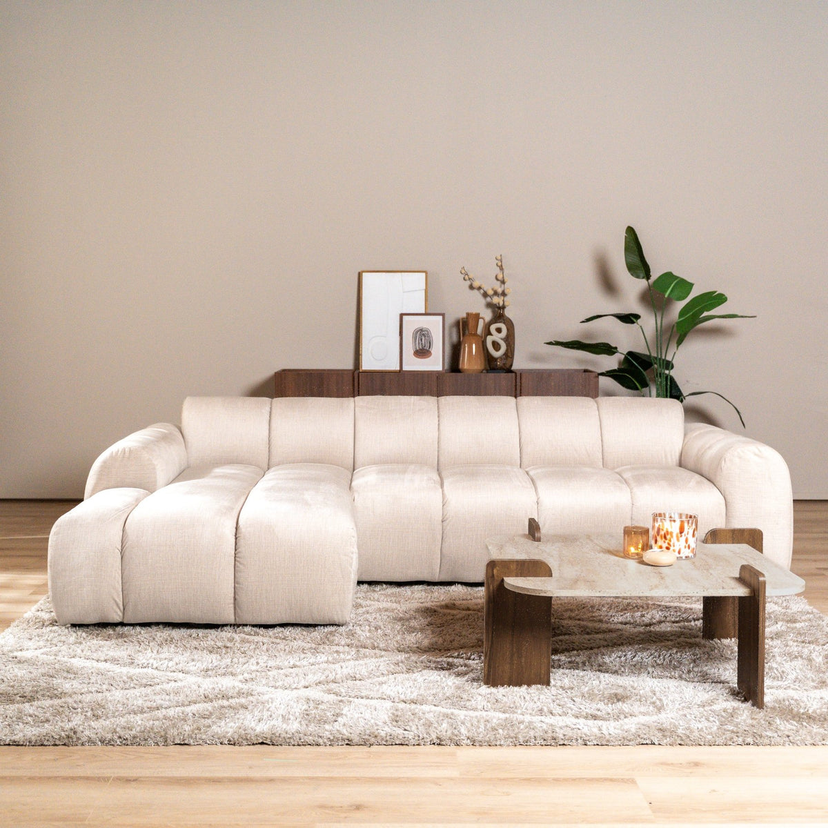 Banken-Ecksofa mit Loungebeige Samt Strukturstoff - Streifen - links - Brix-Dimehouse