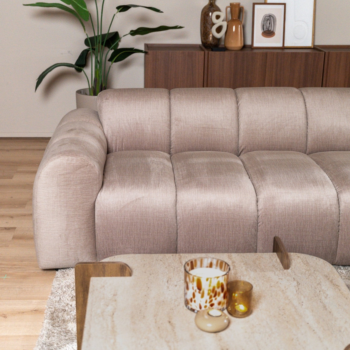 Banken-Ecksofa mit Loungesand Samt Strukturstoff - Streifen - links - Brix-Dimehouse