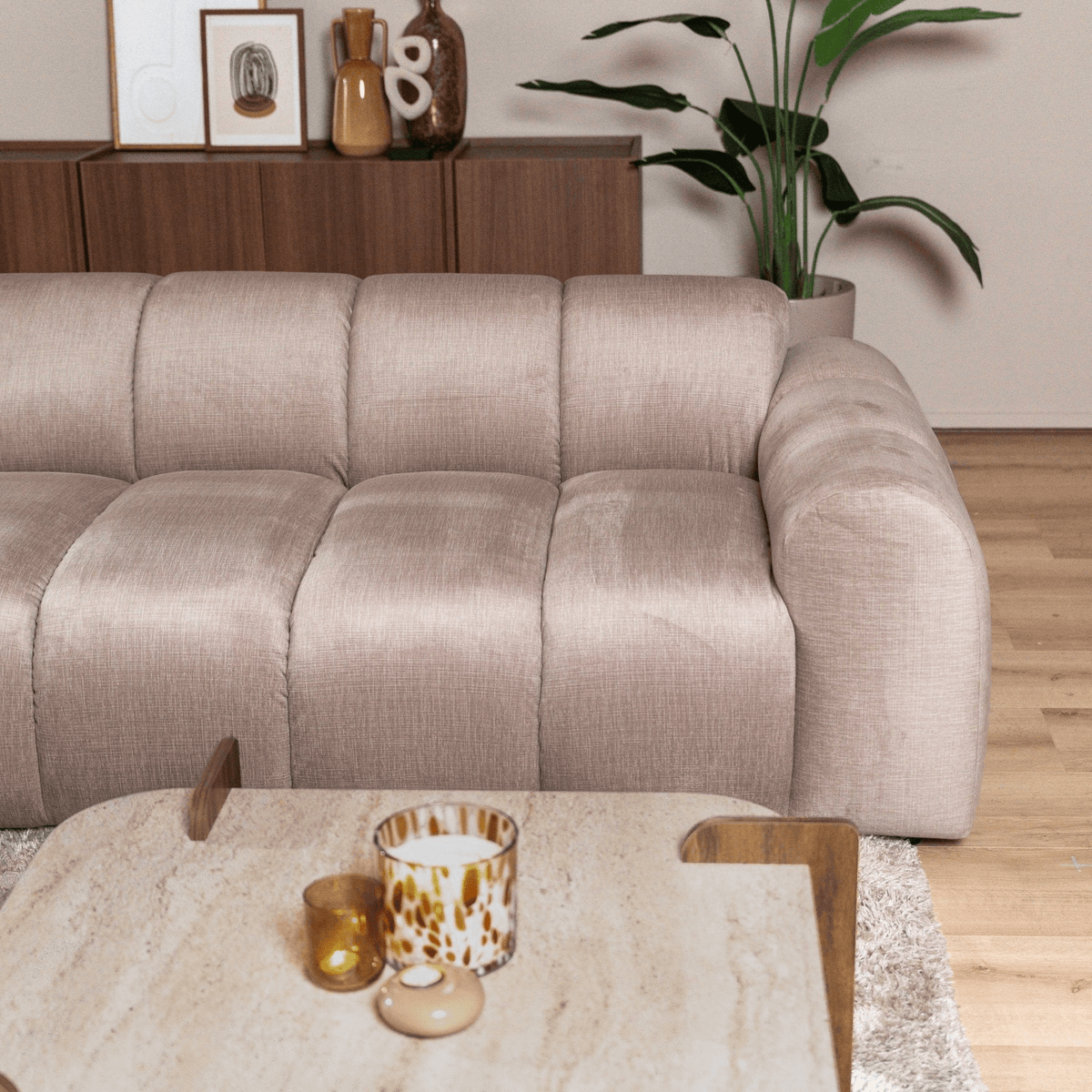 Banken-Ecksofa mit Loungesand Samt Strukturstoff - Streifen - links - Brix-Dimehouse