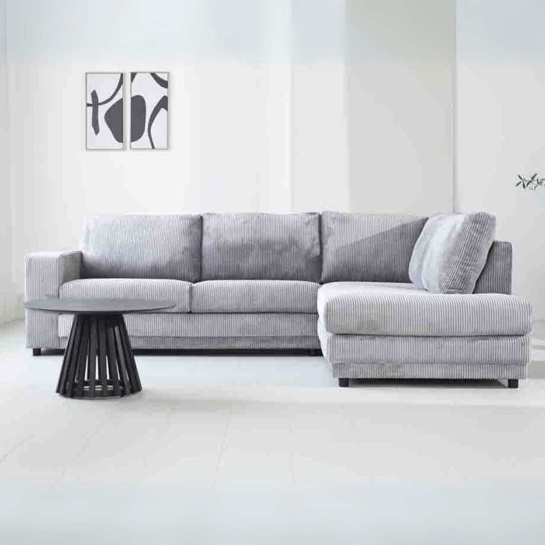 Ecksofa Gabi aus Rippenstoff in Hellgrau weiches Plumpsofa - Rechts