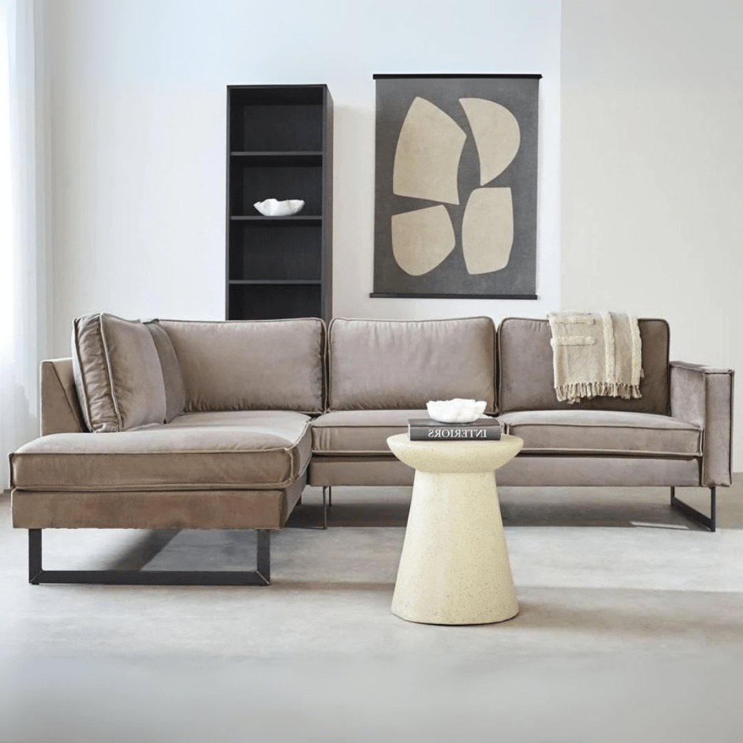 Ecksofa Quinn Samt Champagner Taupe lose Kissen links 