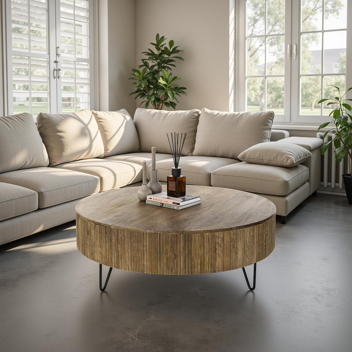 Runder Couchtisch Mangoholz Ø120 cm - Sandfarbe 