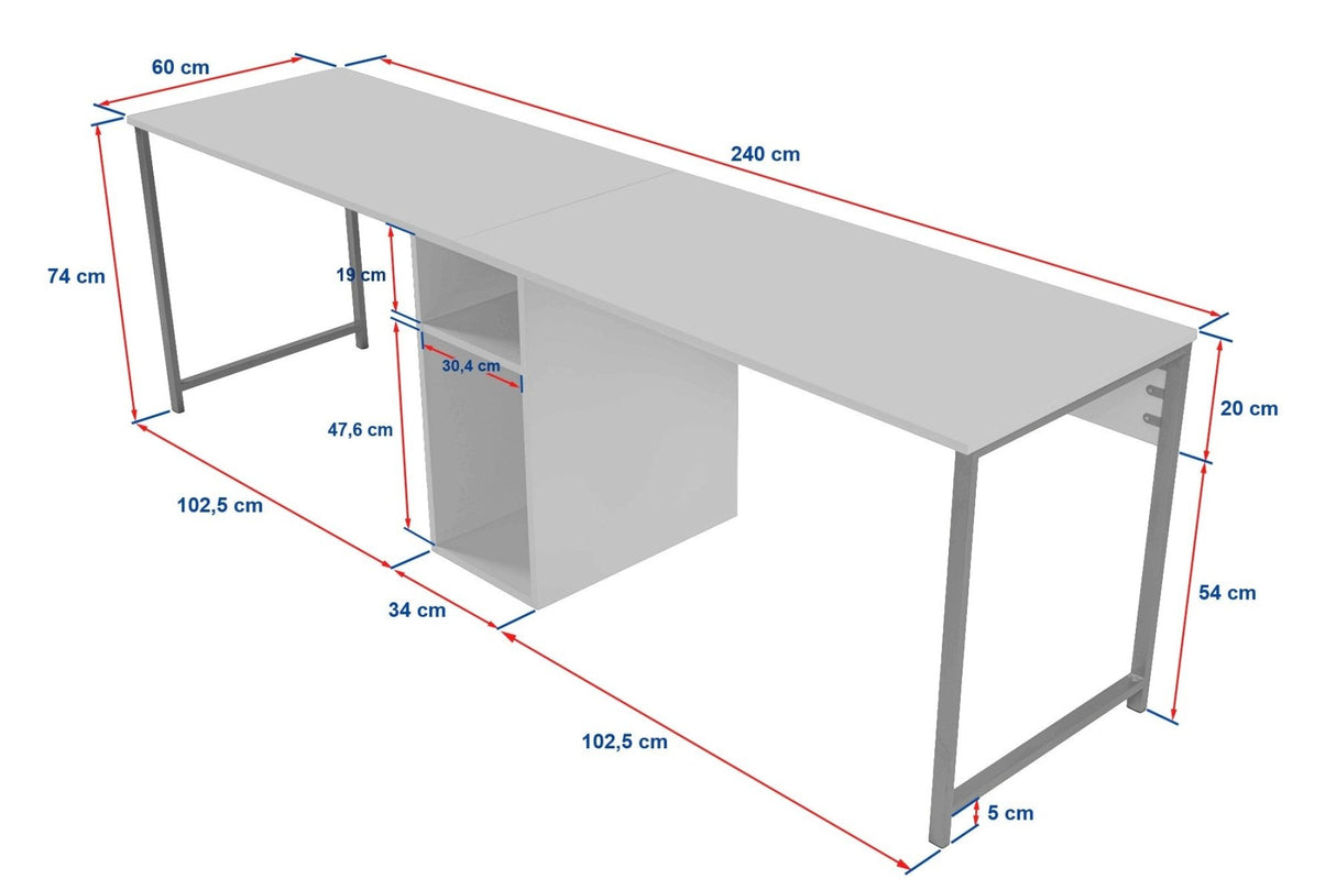 Studie Büro Twin Study Desk 240x60 cm Anthrazit und Schwarz Anthrazit Schwarz Melamin 