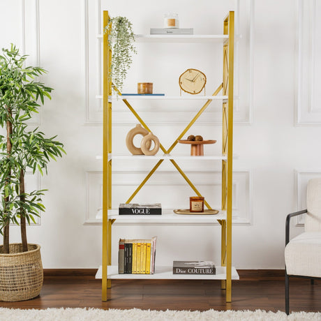 Modernes Bücherregal aus weißem Melamin Ely – Goldener Rahmen – 180 x 90 cm