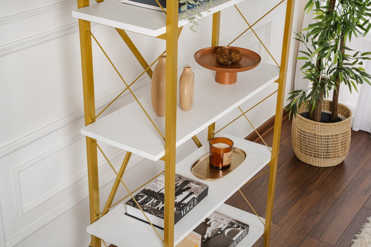 Boekenkasten - Moderne boekenkast wit melamine Ely - Gouden Frame - 180x90 cm - Dimehouse